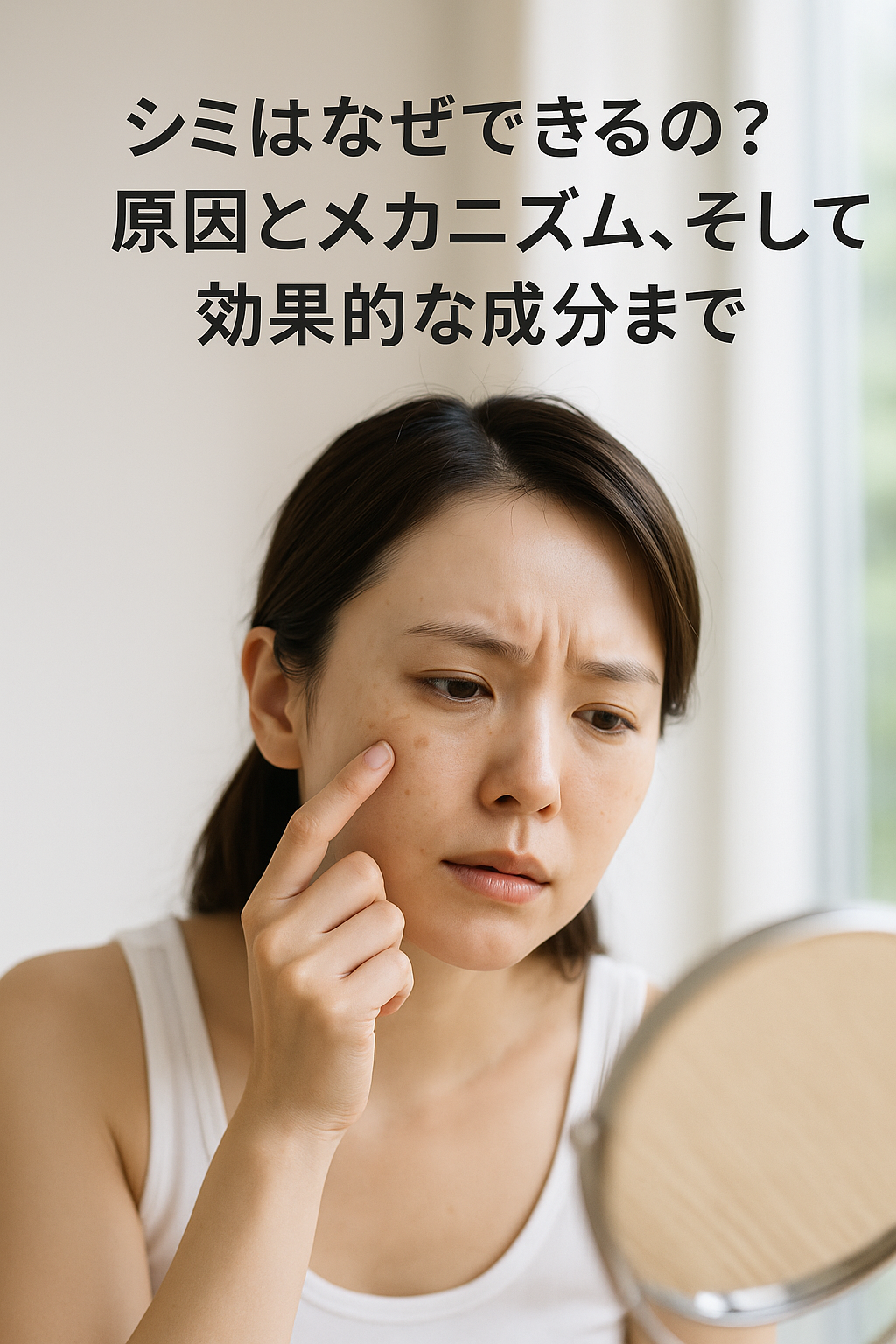 「シミはなぜできるの?原因とメカニズム、そして効果的な成分まで」という日本語タイトルが上部に配置された写真風のアイキャッチ画像。自然光の中、白いタンクトップ姿の女性が鏡を見ながら頬のシミを指で触れ、心配そうな表情をしている様子が写っており、美白ケアやスキンケアの記事に適した清潔感のあるビジュアル。
