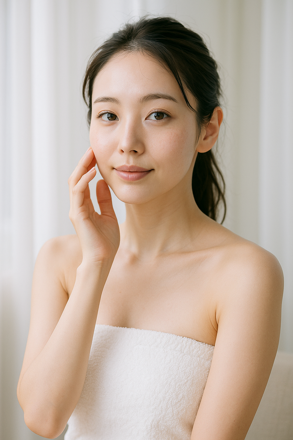 「20代の女性が透明感のある素肌で微笑む、スキンケア特集の雑誌風ビジュアル写真