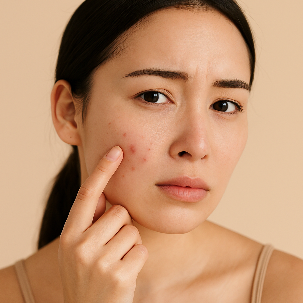 「大人ニキビを気にして頬に手を添える若い女性のクローズアップ写真。自然光の柔らかい光が当たった明るいベージュ背景で、清潔感と透明感のある肌をイメージさせる美容雑誌風の構図。」