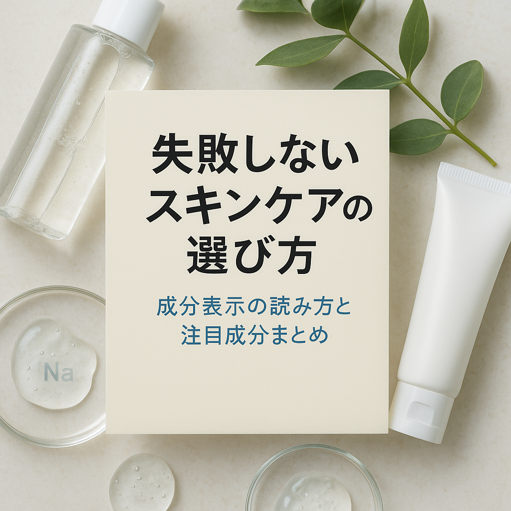 「スキンケア用品が並ぶ清潔感のある写真。中央に『失敗しないスキンケアの選び方』というタイトルと、小さく『成分表示の読み方と注目成分まとめ』というサブタイトルが書かれたカードが配置されている。周囲には化粧水ボトル、白いチューブ、植物の葉、ガラス皿などが自然光の中で柔らかく映っている。」