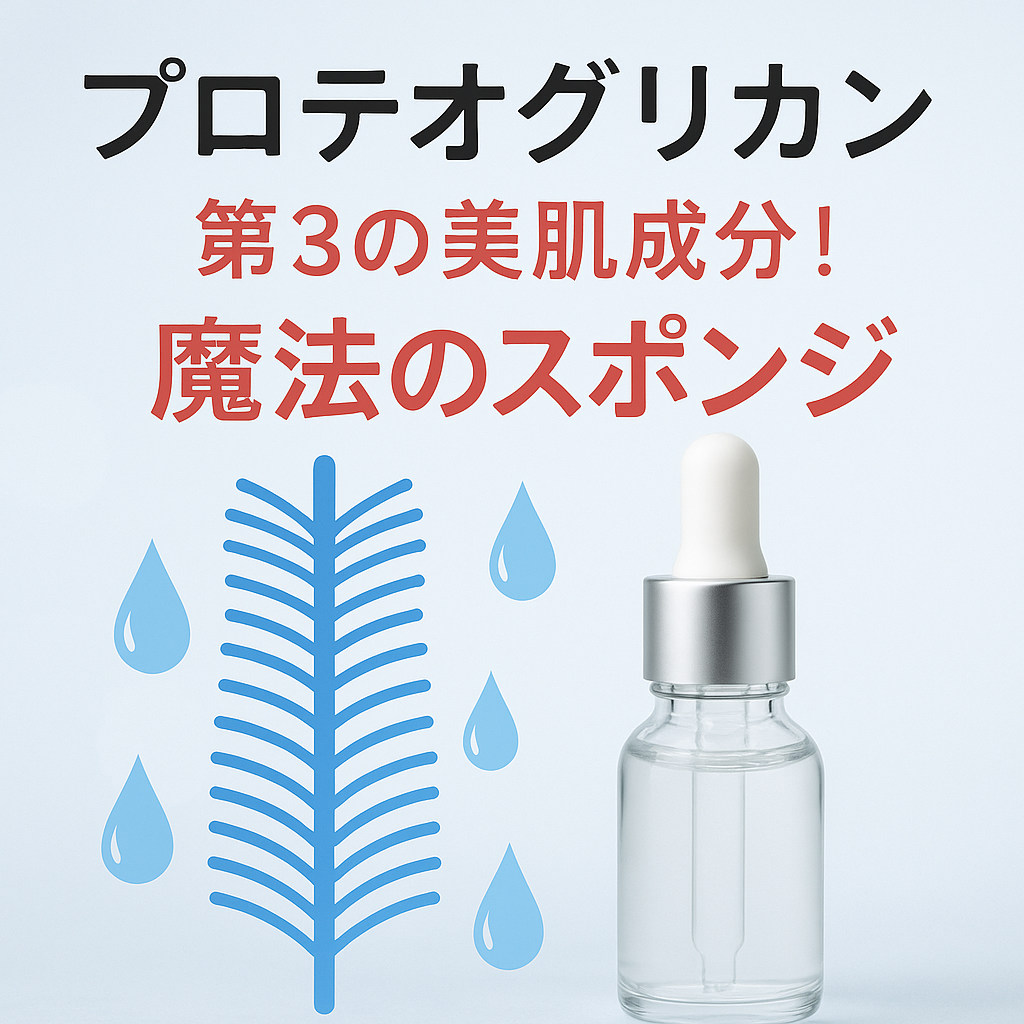 「プロテオグリカン ― 第3の美肌成分『魔法のスポンジ』をイメージした透明感のある美容エッセンスの写真。青と白を基調に、水滴とスポイトボトルが描かれた清潔感のあるデザイン。」