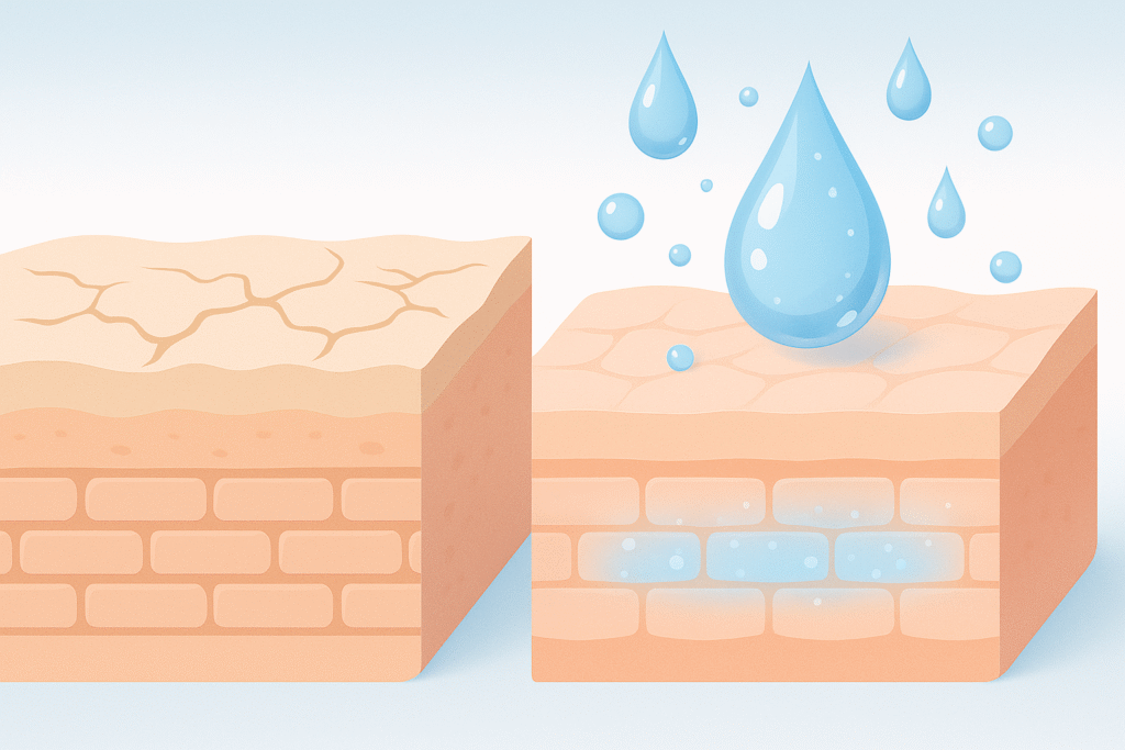 乾燥した肌と、保湿されてふっくらした肌の比較イラスト。左はひび割れた乾燥状態、右は水分を含んで滑らかに整った肌を表現。