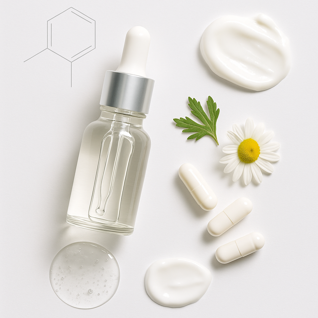美白ケア成分のイメージ写真。カモミールや白いカプセル、透明な美容液ボトル、クリームやジェル状テクスチャを白背景で並べた清潔感のあるスキンケアイメージ。
