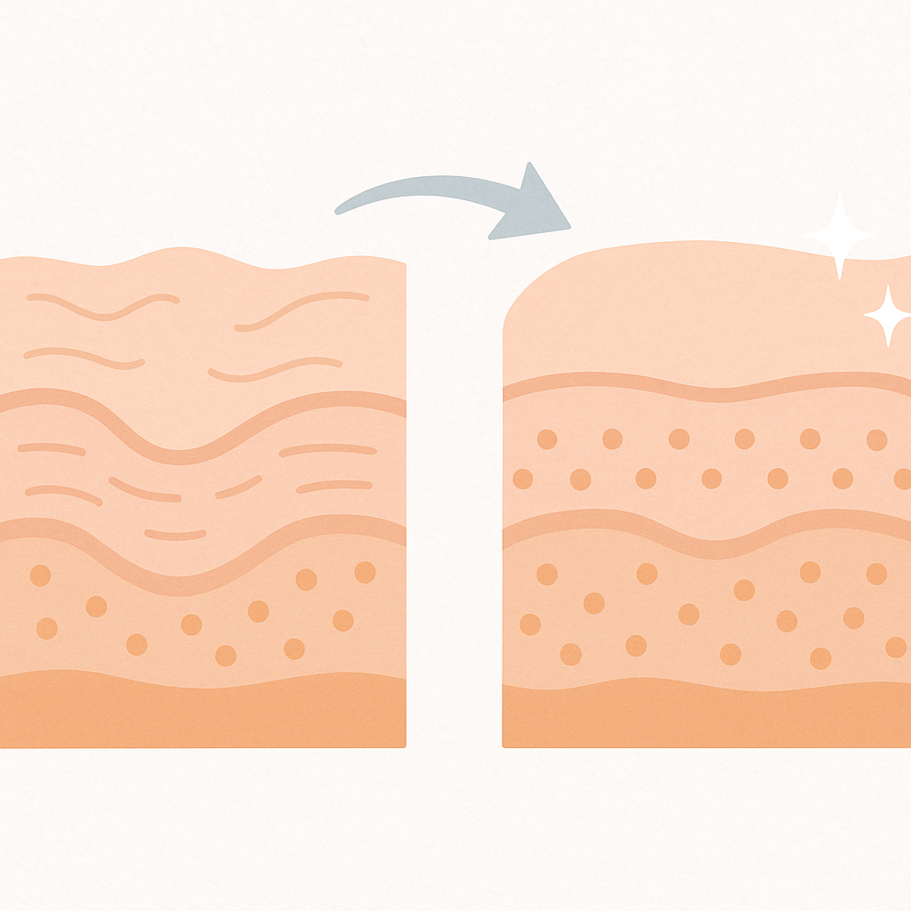 肌のハリ比較イラスト。左はしぼんだ乾燥状態の肌、右はふっくらハリが出た肌を断面で示した Before / After 図解。