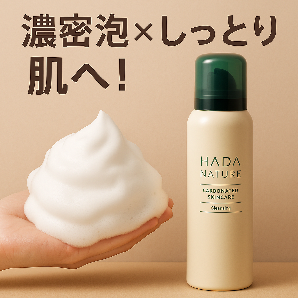 「肌ナチュール炭酸洗顔のボトルと、手のひらにのせられた濃密な泡。ベージュの背景に『濃密泡×しっとり肌へ！』の文字が書かれている。柔らかな照明で撮影された清潔感と高級感のあるイメージ写真。」